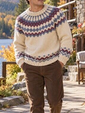 Vintage Men’s Cream Fair Isle Nordic Yoke Sweater Blue Burgundy Chunky Knit
